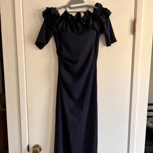 Xscape Womens Size 4 Navy Off-The-Shoulder Ruffle Cocktail Formal Party Dress.